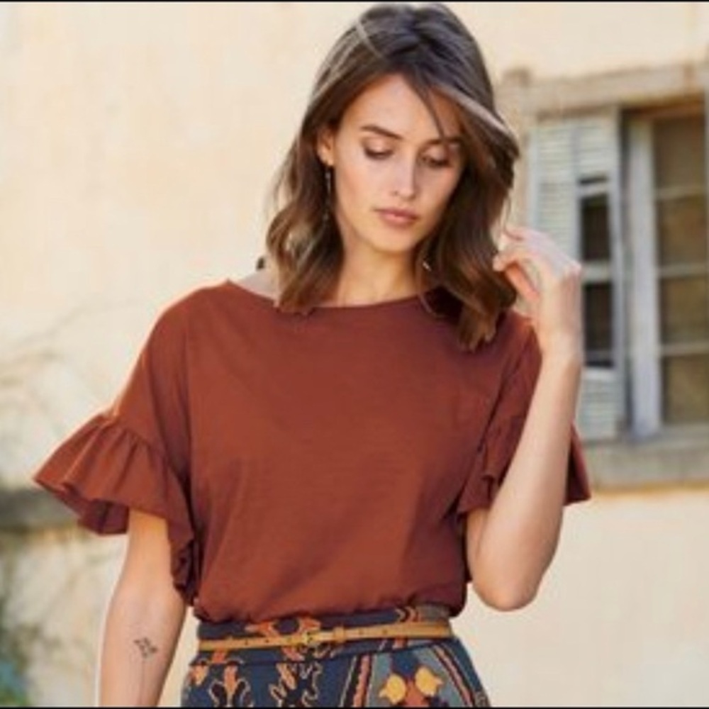Peruvian Connection women’s Rust brown Lilian top ruffle sleeve size Small